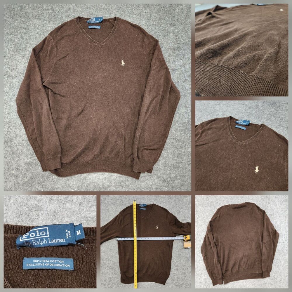 Polo Ralph Lauren PRL Mens M Medium 100% Pima Cotton Knit V Neck Sweater Brown